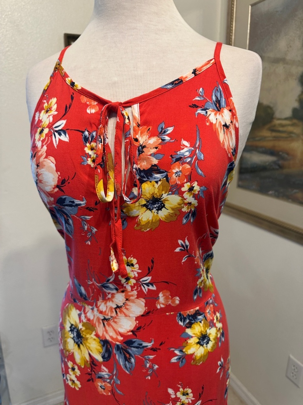 Band of Gypsies Red Floral Boho Maxi Dress w/Adjustable Straps Size Large - Picture 8 of 16